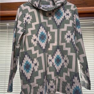 Aztec Pattern Cowl Neck Sweater - Green and Blue